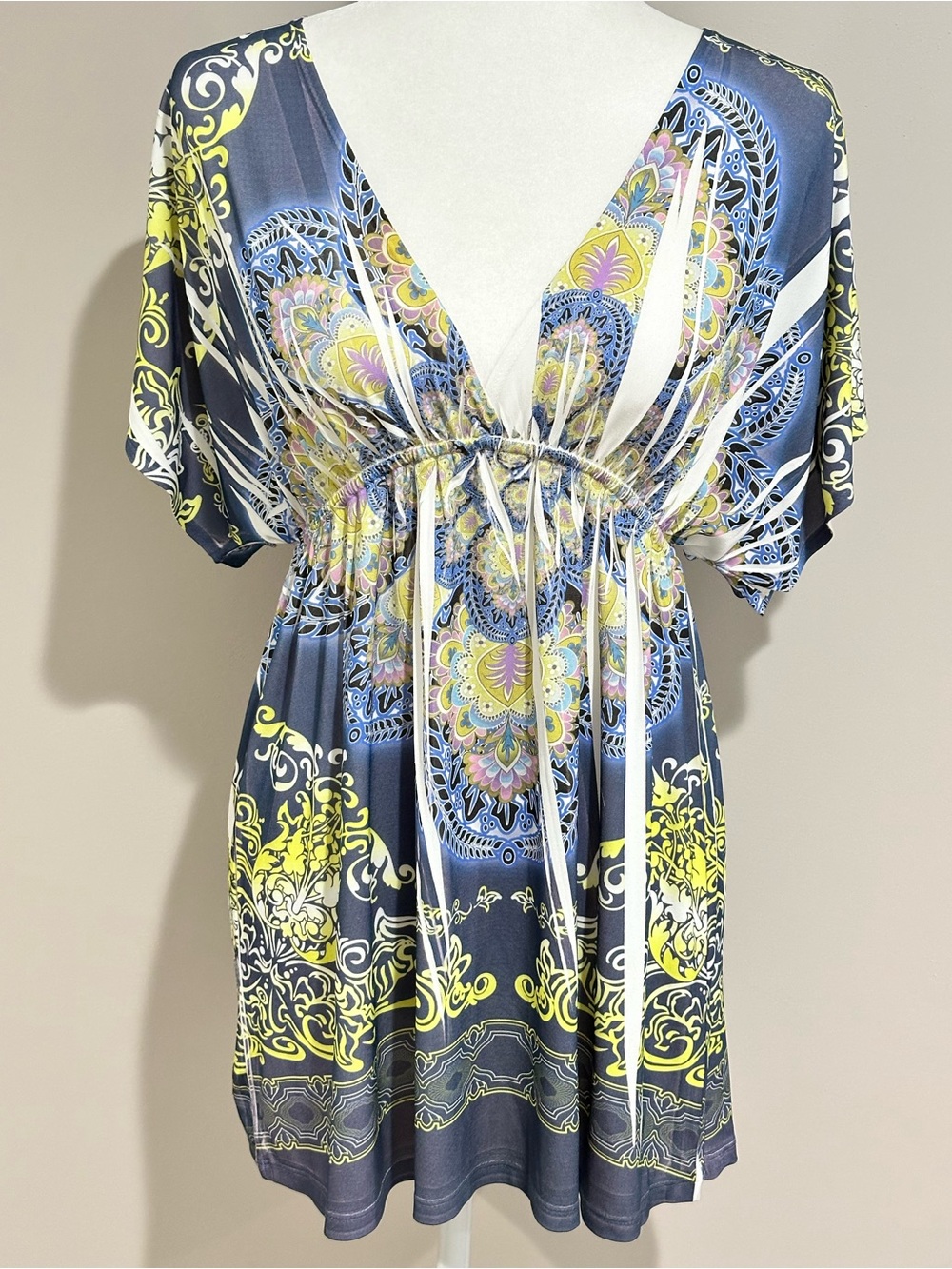 Body Central Blue Yellow Paisley Print V-Neck Top